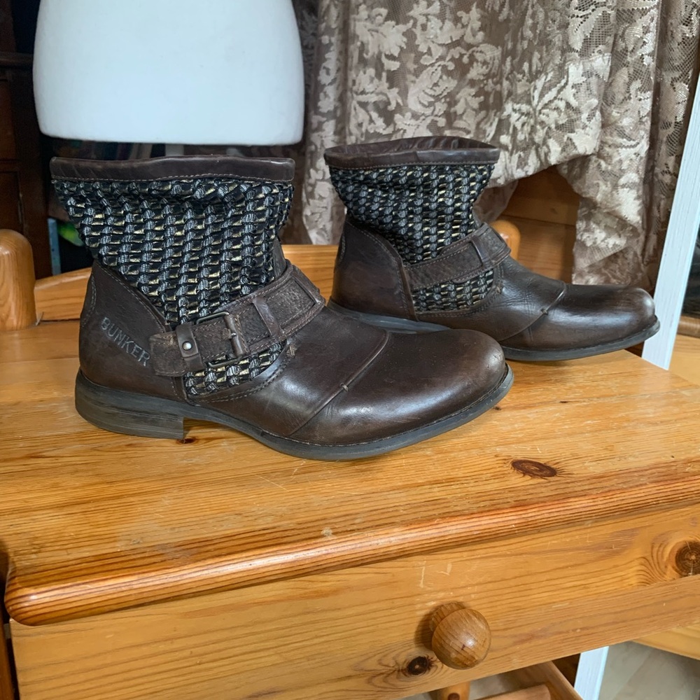 Leather Ankle Boots Women Size 8 Brown Woven Western Cowgirl Bunker